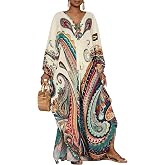 Bsubseach Moo Moos for Women Batwing Sleeve Kaftan Dresses with Pockets | Paisley Ethnic Print,Deep V Neck,Side Slit Hem,Lightweight & Breathable Fabric