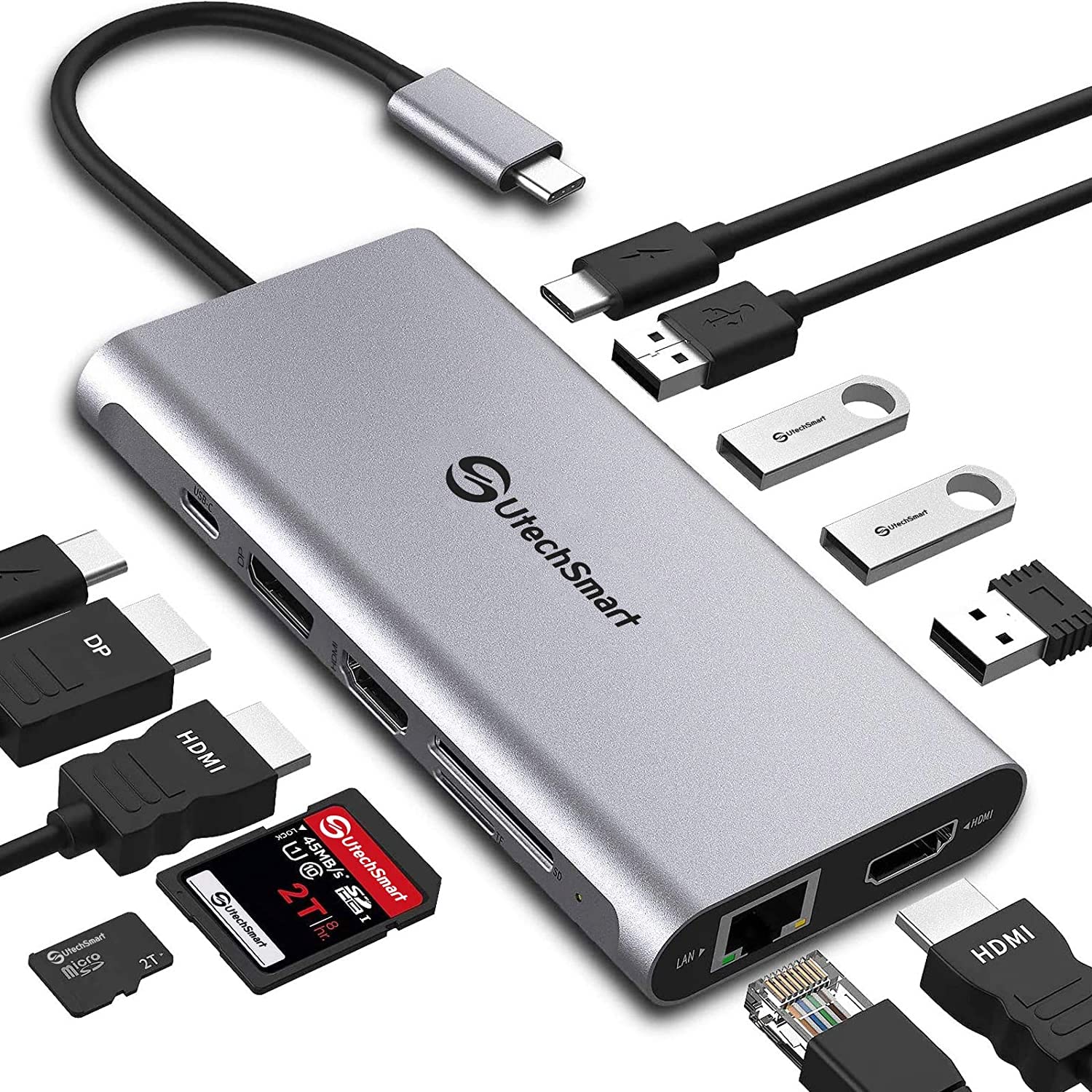 UtechSmart 12-in-1 USB C Docking Station - Triple Display Hub With 2*4K@60Hz HDMI, DisplayPort, 100W PD, 4 USB Ports, RJ45 Ethernet, SD/TF - For MacBook, Dell, HP, Lenovo, Huawei