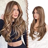 FESHFEN Brown Blonde Wigs for Women, Long Layered Wigs with Curtain Bangs Natural Looking Synthetic Hair Wig for Daily Use Party, 26 inch Blonde Mixed Brown
