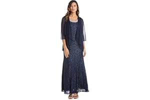R&M Richards Womens 2pc Long Flyaway Sheer Jacket Over Lace A-line Dress with Beaded Neckline
