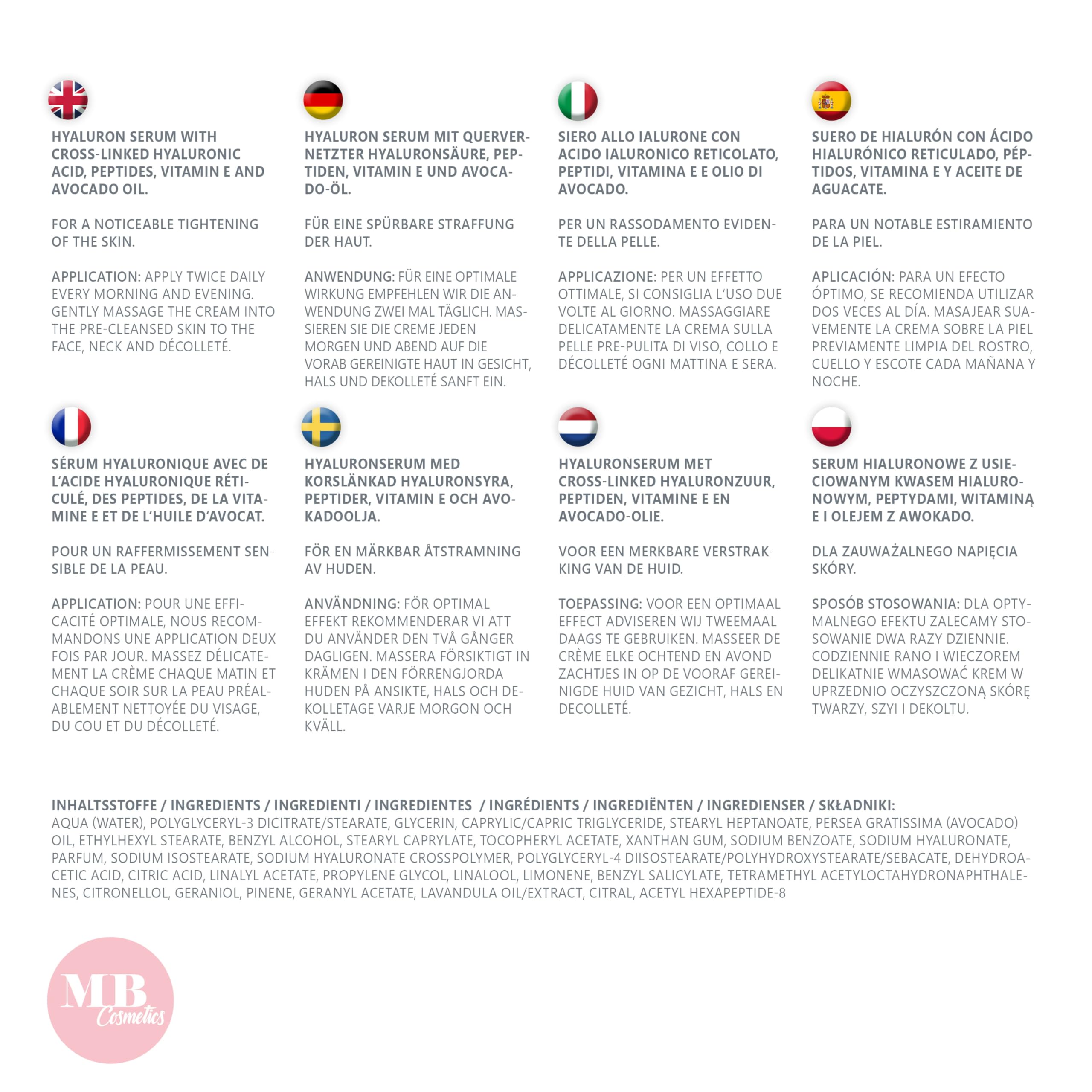 Hyaluron Serum hochdosiert 100ml - mit Anti Aging Booster Avocado-Ol, Peptiden und Vitamin E - vegane Anti-Falten Gesichtscreme für Augen, Hals und Dekollete mit quervernetzter Hyaluronsäure 8