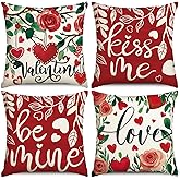 Heirloom Haven Valentine's Day Throw Pillow Covers Set of 4, Red Heart Rose Floral Love Kiss Me Decor Holiday Farmhouse Cushion Case Decoration for Sofa Couch 18 x 18 Inch