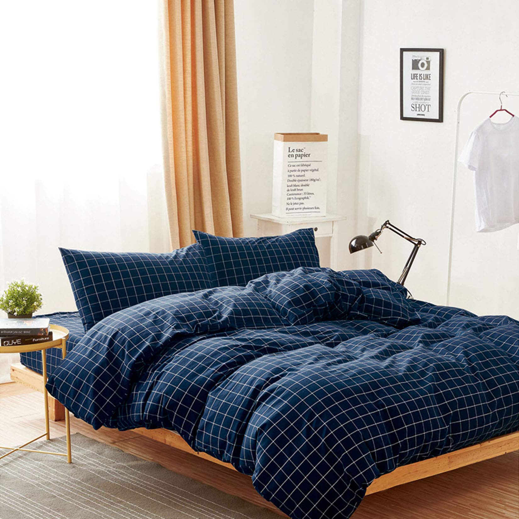 Photo 1 of Wake In Cloud - Grid Cotton Duvet Cover Set, Plaid Checkered Geometric Farmhouse, 100% Washed Cotton Textured Percale Bedding Set, 3 Pieces, Navy Blue, Full Size