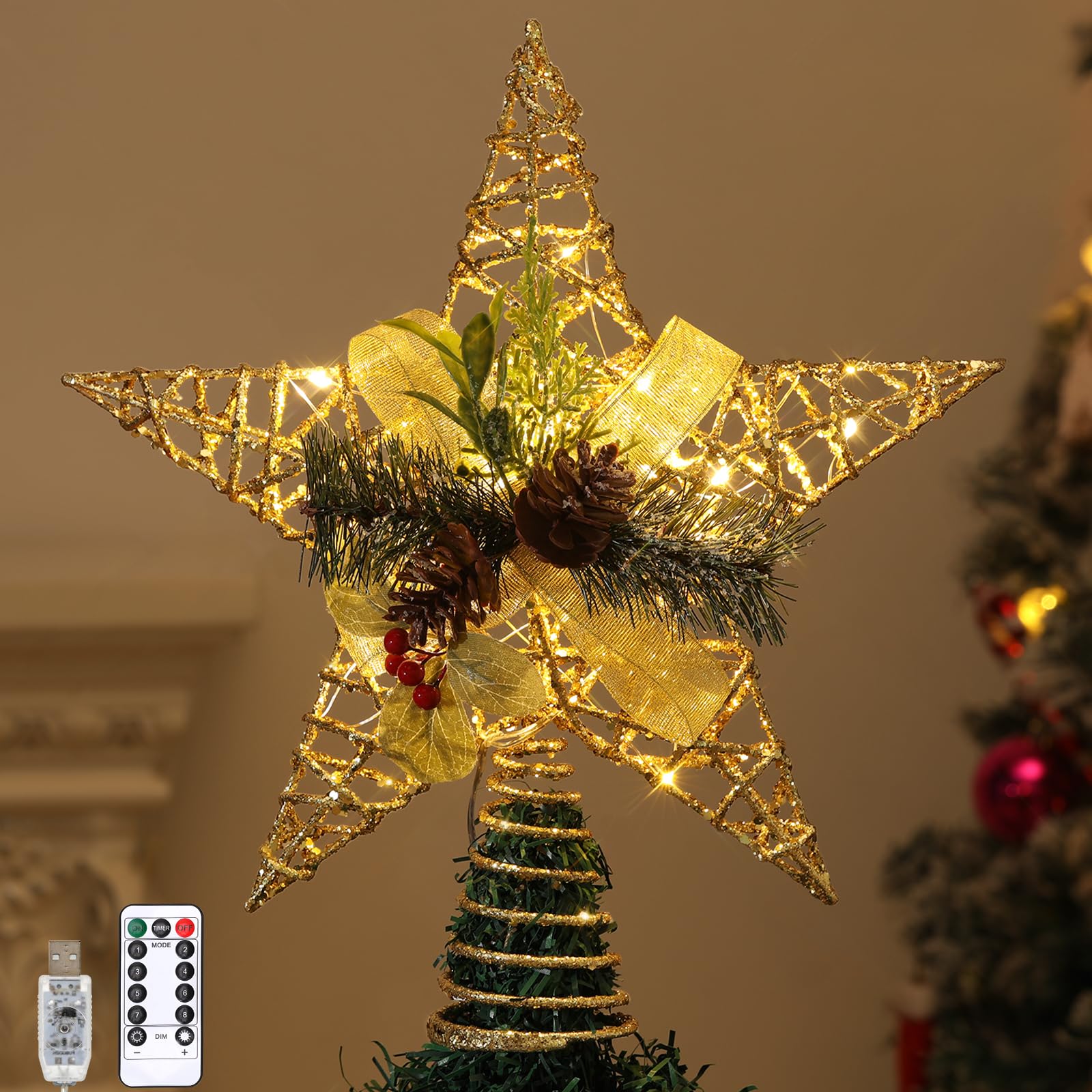 Lewondr Christmas Tree Topper, Star Tree Topper with LED Light Beads & Pine Cone, Remote & USB Operated Treetop Star Xmas Tree Decoration for Holiday Home Party Ornament, 6H Timer & 8 Lights, Gold