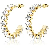 Linawe Hypoallergenic Stainless Steel Chunky Hoop Earrings for Women, Gold/Silver Tones, Birthstone Rhinestone Imitation Diamond Crystal Cubic Zirconia Large Half Hoop Earrings
