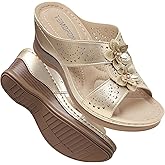 TEMOFON Womens Wedge Sandals Leather: Dressy Sandal, Rubber Sole, Comfortable Walking, Casual Slip on Summer Shoes, Size 5-11