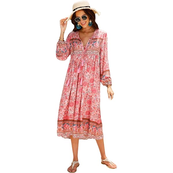 Vince Camuto Women's Patterned Chiffon V-Neck Dress with Bell Sleeves,  Pink/Multi, 4 at Amazon Women's Clothing store