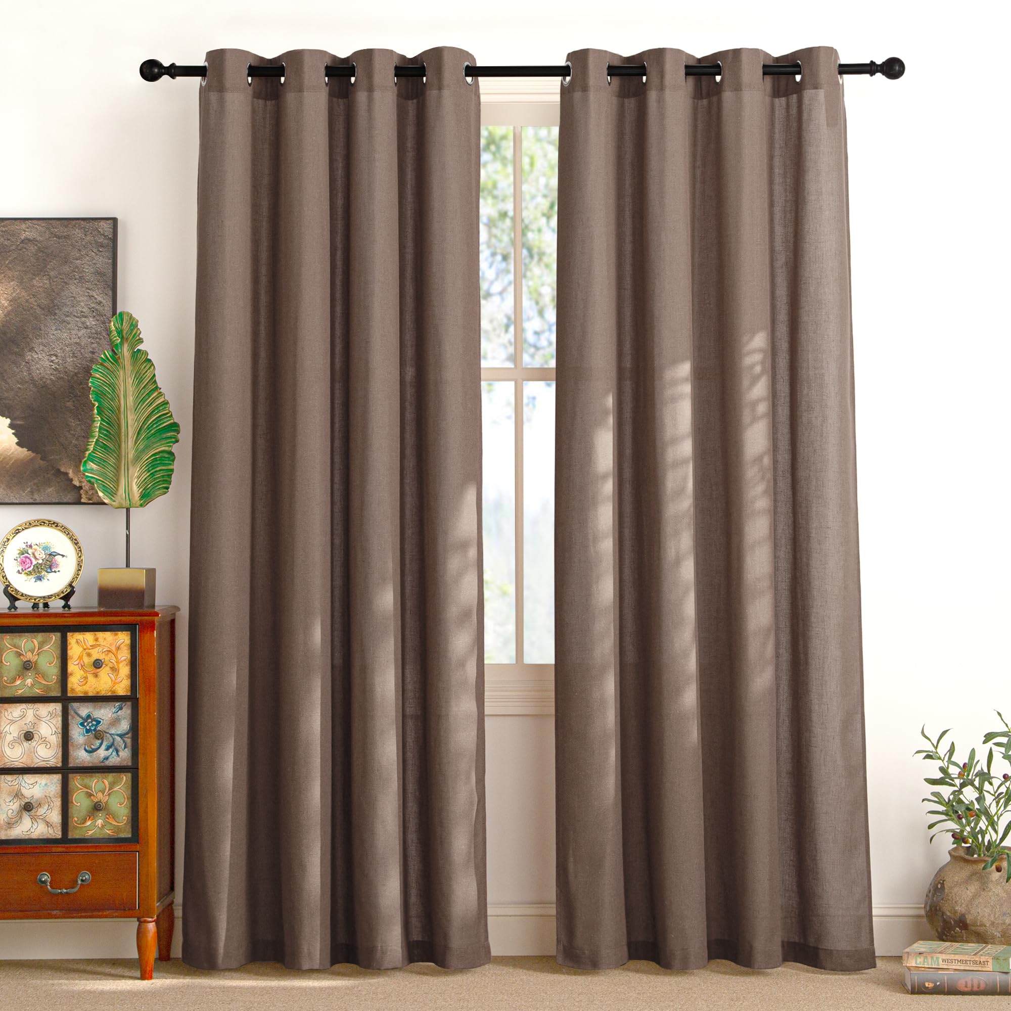 Photo 1 of NICETOWN Linen Brown Curtains 84 inch Long, Grommet Privacy Added Thick Flax Window Treatments with Light Filtering Drapes for Bedroom/Farmhouse, W55 x L84, 2 Panels