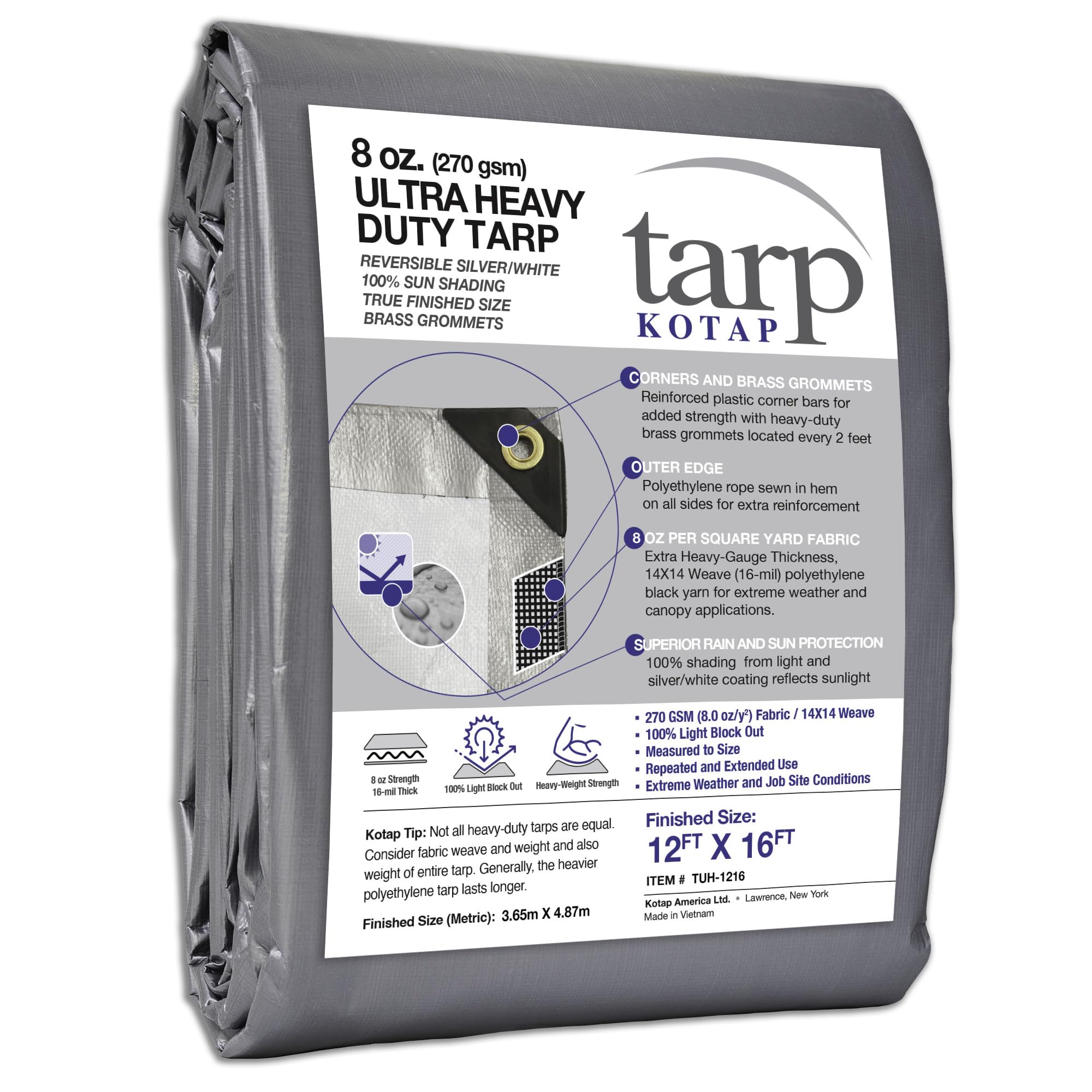 Kotap TUH-1216 Multi-Use, Waterproof Ultra Heavy-Duty Protection/Coverage Tarp, Superior Weave for Greater Longevity, 16-mil, Reversible, Silver-White, 12 x 20 Ft