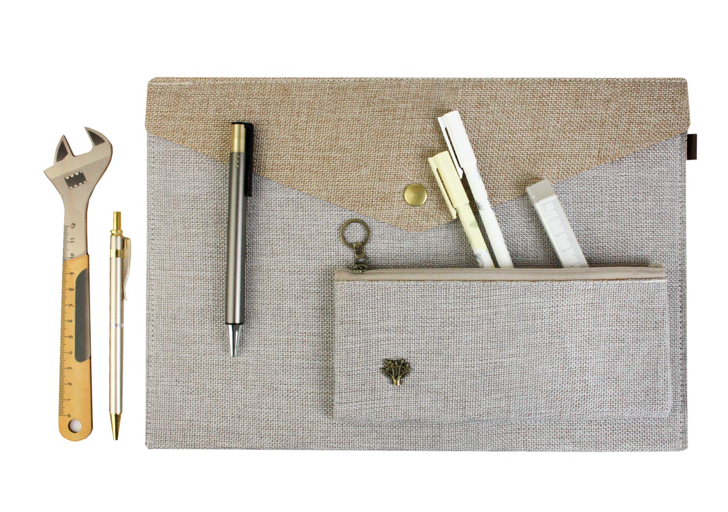 Emartbuy Premium Stationery Gift Set for Office School Work with Document Holder Pencil Case Gel Pen Mechanical Pencil Ruler Eraser – Neutral Aesthetic Pouch Organizer for Men Women