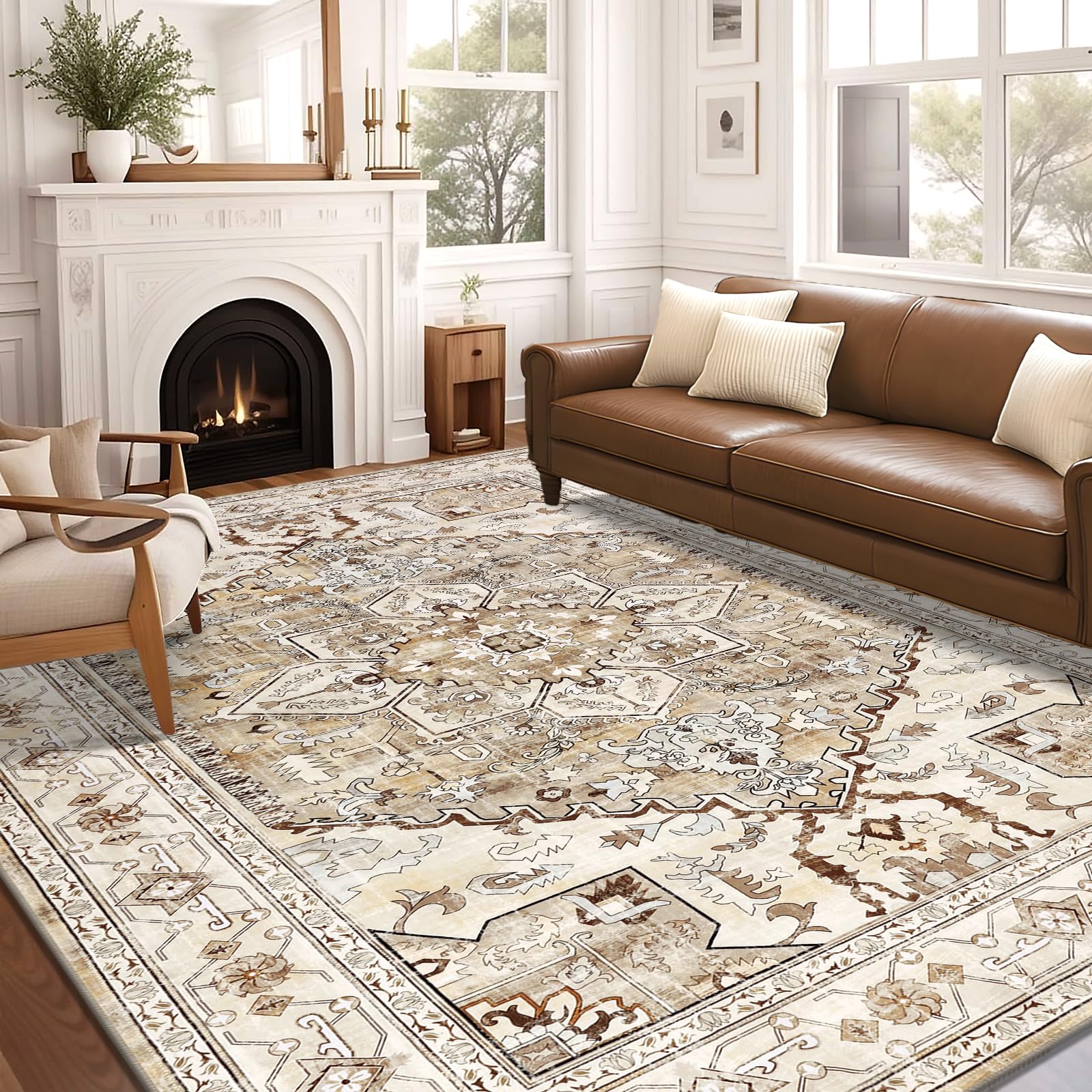 Yamaziot Area Rug 8x10, Non-Slip Washable Boho Vintage Living Room Bedroom Rug with Rubber Backing, Low Pile Faux Wool Soft Distressed Rug Floor Carpet for Living Room, Bedroom Image