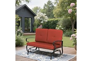 Brightpeak Outdoor Bench Patio Swing Glider Loveseat 2 Seats Rocking Chair, Wrought Iron Gliders for Outside Patio with Cushion (Red)