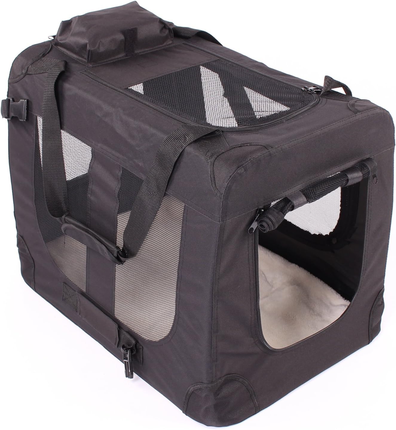 TRESKO® Folding Portable Soft Fabric Pet Carrier with Fleece Mat and Food Bag (L 70 x 51 x 51 cm