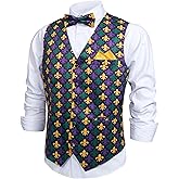 Giftdigger Mardi Gras Vest for Men Mardi Gras Outfit 3PC Mens Vest and Tie Set Waistcoat Vests Tuxedo Vests and Tie
