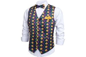 Giftdigger Mardi Gras Vest for Men Mardi Gras Outfit 3PC Mens Vest and Tie Set Waistcoat Vests Tuxedo Vests and Tie