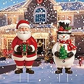 Nuanchu 2 Pcs Metal Christmas Yard Signs Decorative Santa Claus Snowman Yard Sign Stake 27.6 Inches Waterproof Xmas Garden Signs Christmas Outdoor Decorations for Outside Xmas Garden Holiday Party