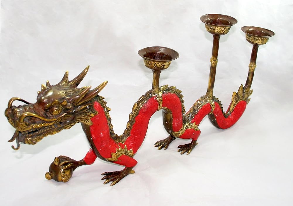 Red Chinese Dragon Brass Tealight Candle Holder Handmade