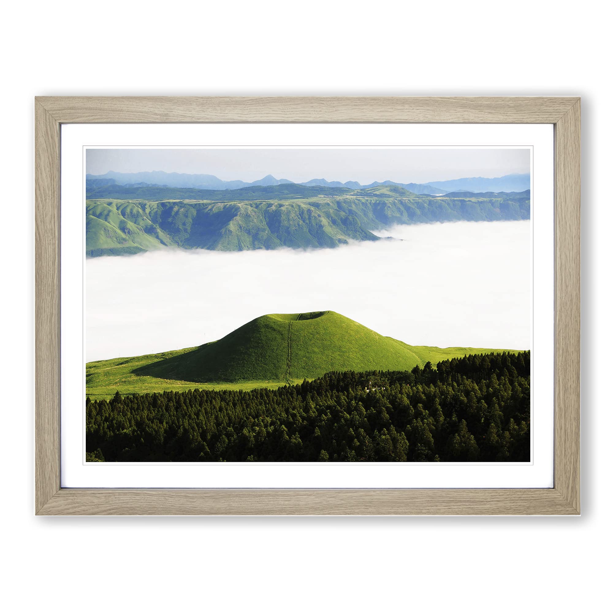 Landscape Aso Kumamoto Japan Clouds 2 Modern Framed Print | A4 Oak Framed Wall Art | Ready to Hang | Modern Landscape Picture | Living Room Bedroom Lounge Office