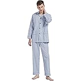 amaxer Mens 100% Cotton Pajamas Set Long Sleeve Pjs Button Fly Pants Soft Elastic Drawstring Waistband Bottoms