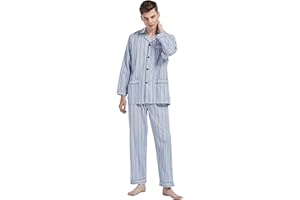 amaxer Mens 100% Cotton Pajamas Set Long Sleeve Pjs Button Fly Pants Soft Elastic Drawstring Waistband Bottoms