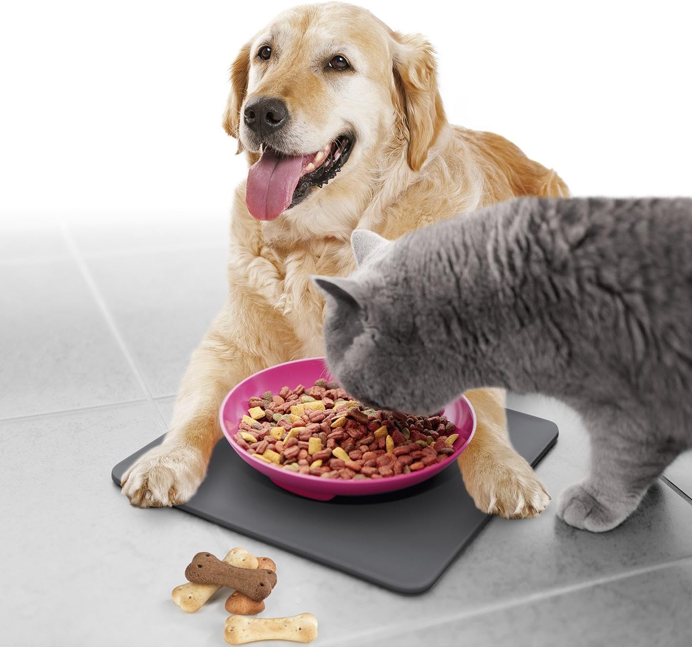 Yummynator feeding system with bowl and non-slip mat, BPA free, pink feeding bowl and mat with locking system