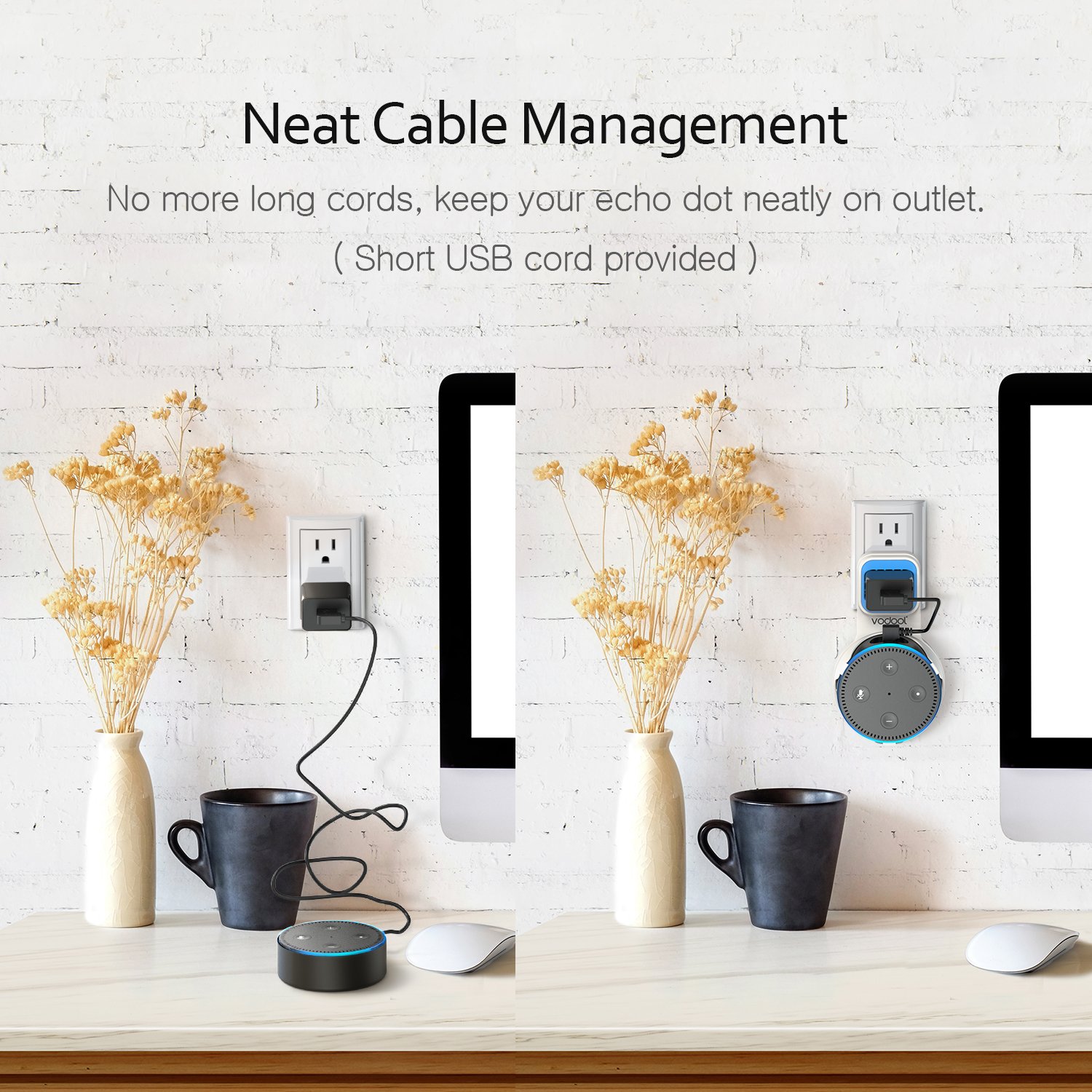 Wall Mount Stand for Echo Dot 2nd Generation, Vodool Hanger Holder Space-Saving Solution for Your Smart Home Speakers without Messy Wires or Screws, Charging Cable Provided - White