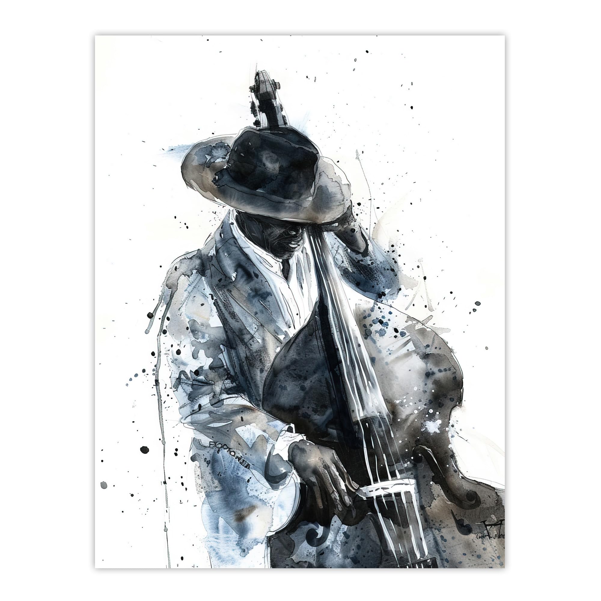 Artery8 Jazz Music Double Bass Player Watercolour Living Room Extra Large XL Wall Art Poster Print