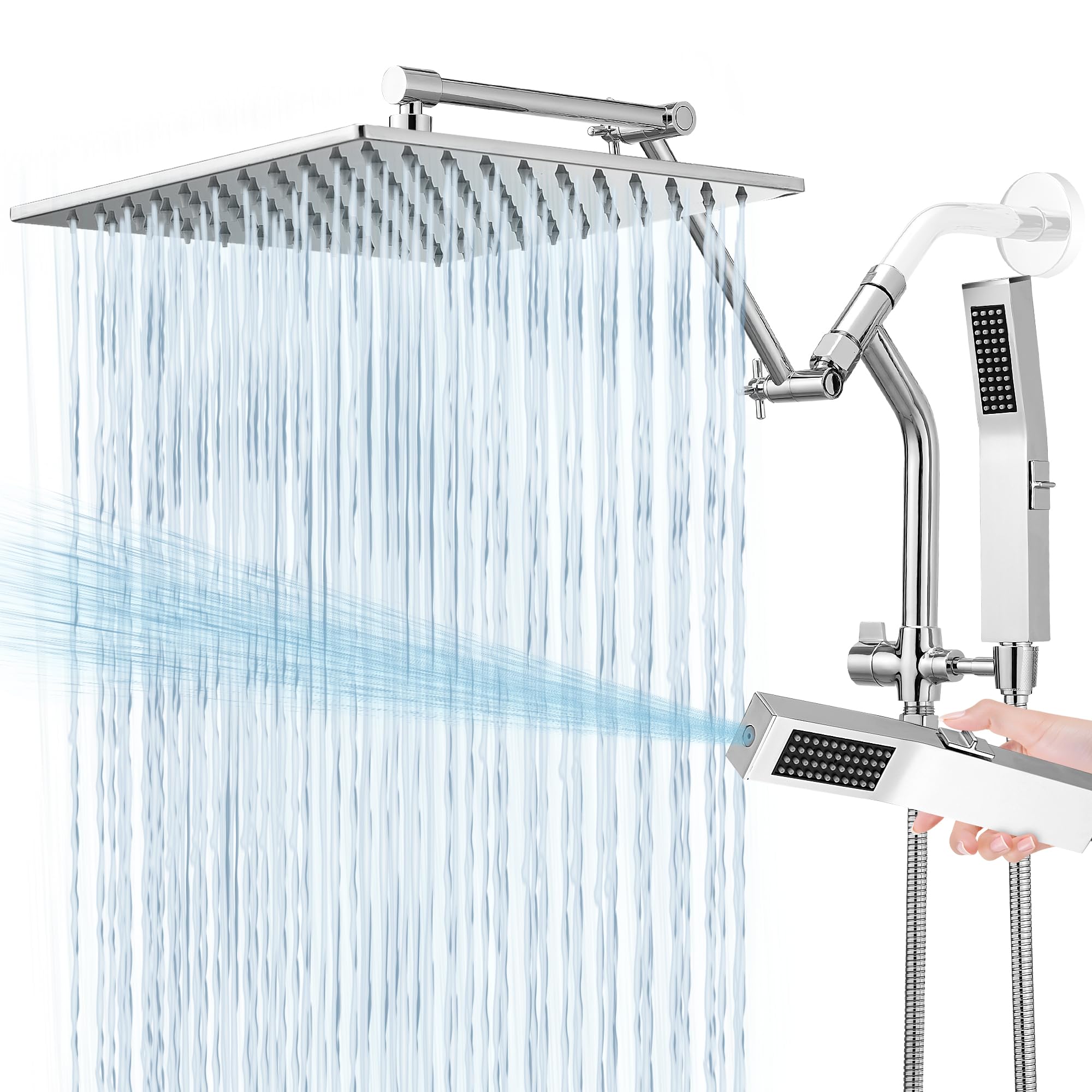 Photo 1 of All Metal 12 Inch Rain Shower Head with Handheld Built-in Power Wash Mode, High Pressure Waterfall Rainfall Square Shower Heads with 16" Adjustable Extension Arm, Dual Showerhead(Chrome)