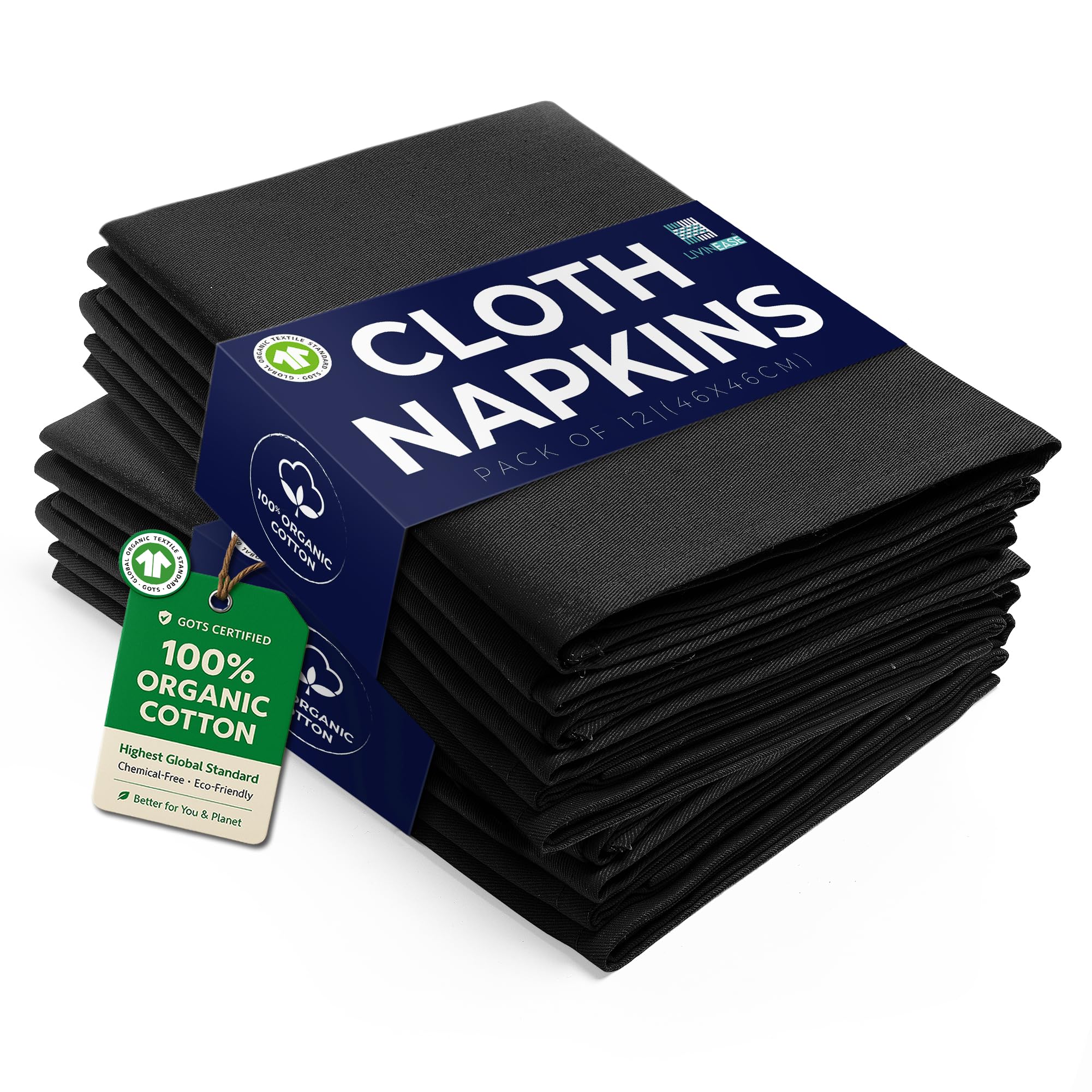 LivinEase Cotton Cloth Napkins Set of 12-100% Cotton 46 x 46 cm Reusable Oversized Black Dinner Napkins -Heavy Weight Hotel Quality Pure Fabric -Ideal for Home Use & Events (Black)