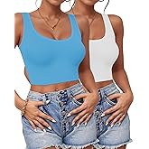 2Pcs Tank Tops for Women, U Neck Sleeveless Crop Tops, Basic Cropped Racerback Going Out Tops Athletic Sports Shirts, 2XL, White+Blue