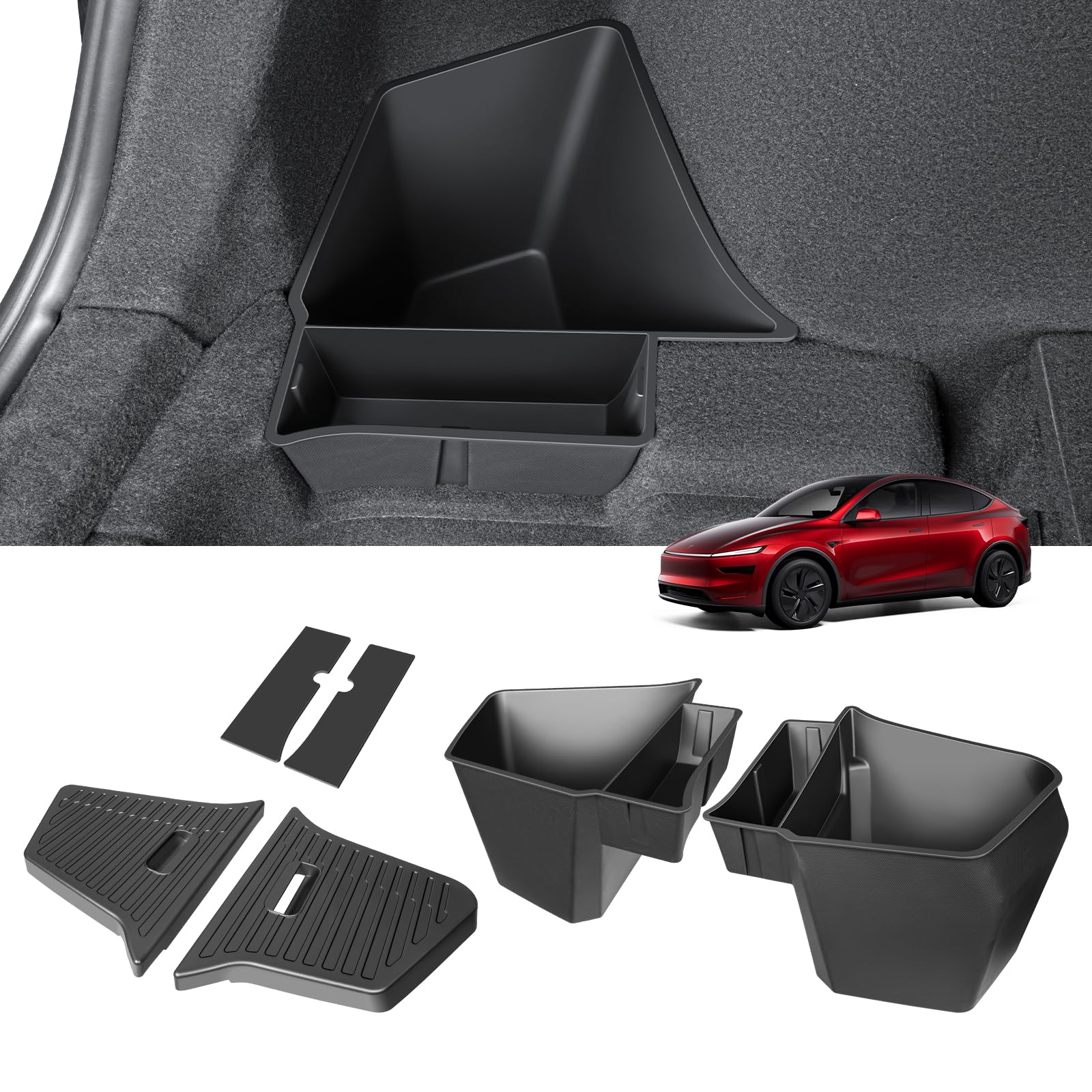 Photo 1 of KUNIST 2PCS Rear Trunk Storage Bins with Lids for Tesla 2026 New Model Y Juniper 5 Seater,TPE Side Cargo Organizer Boxes,Rear Trunk Containers for 2025-2026 Tesla Model Y Juniper Accessories