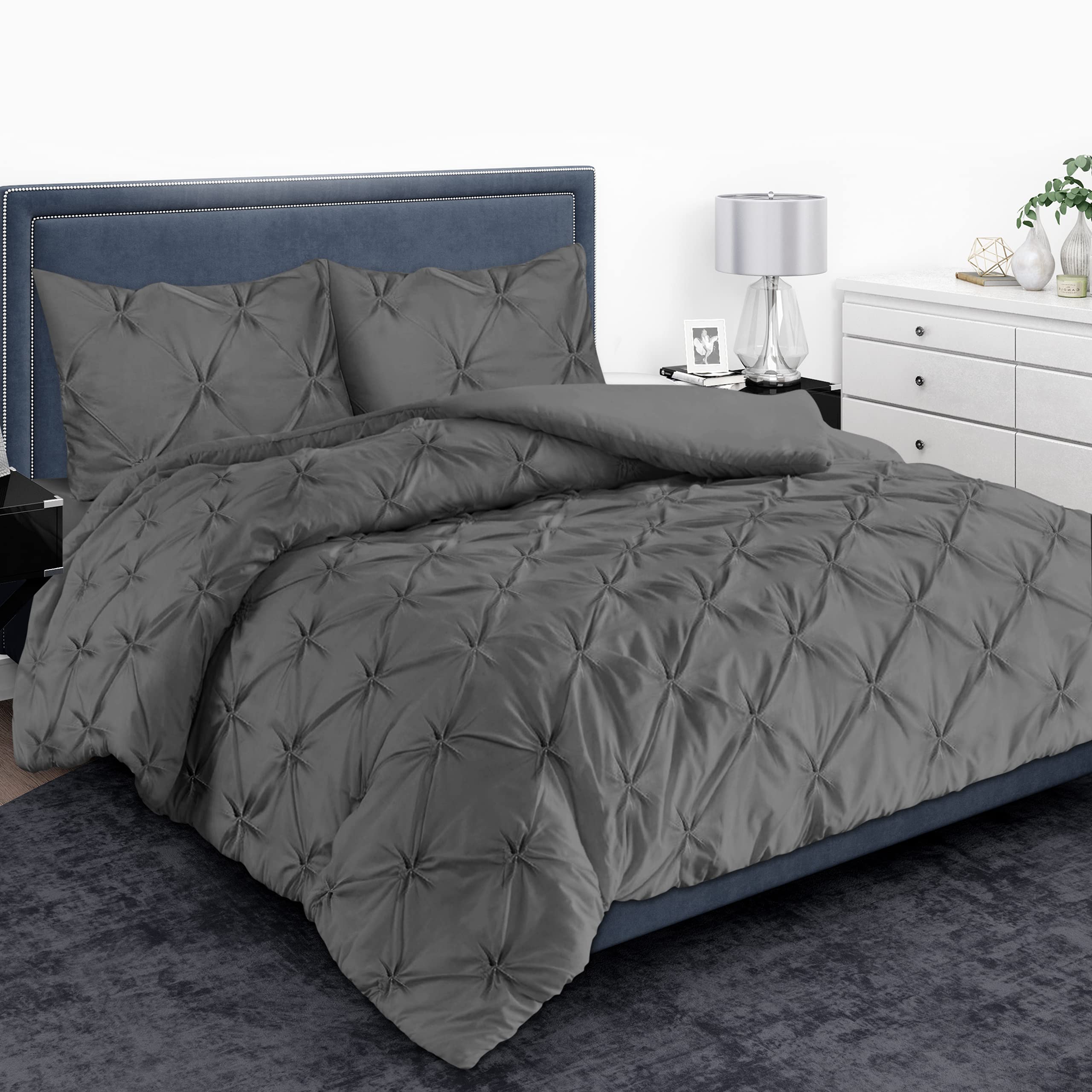 MH Home Pintuck Single Duvet Cover Set - 200 Thread Count 100% Egyptian Cotton Pinch Pleated Quilt Bedding Covers Set (Charcoal, Single)