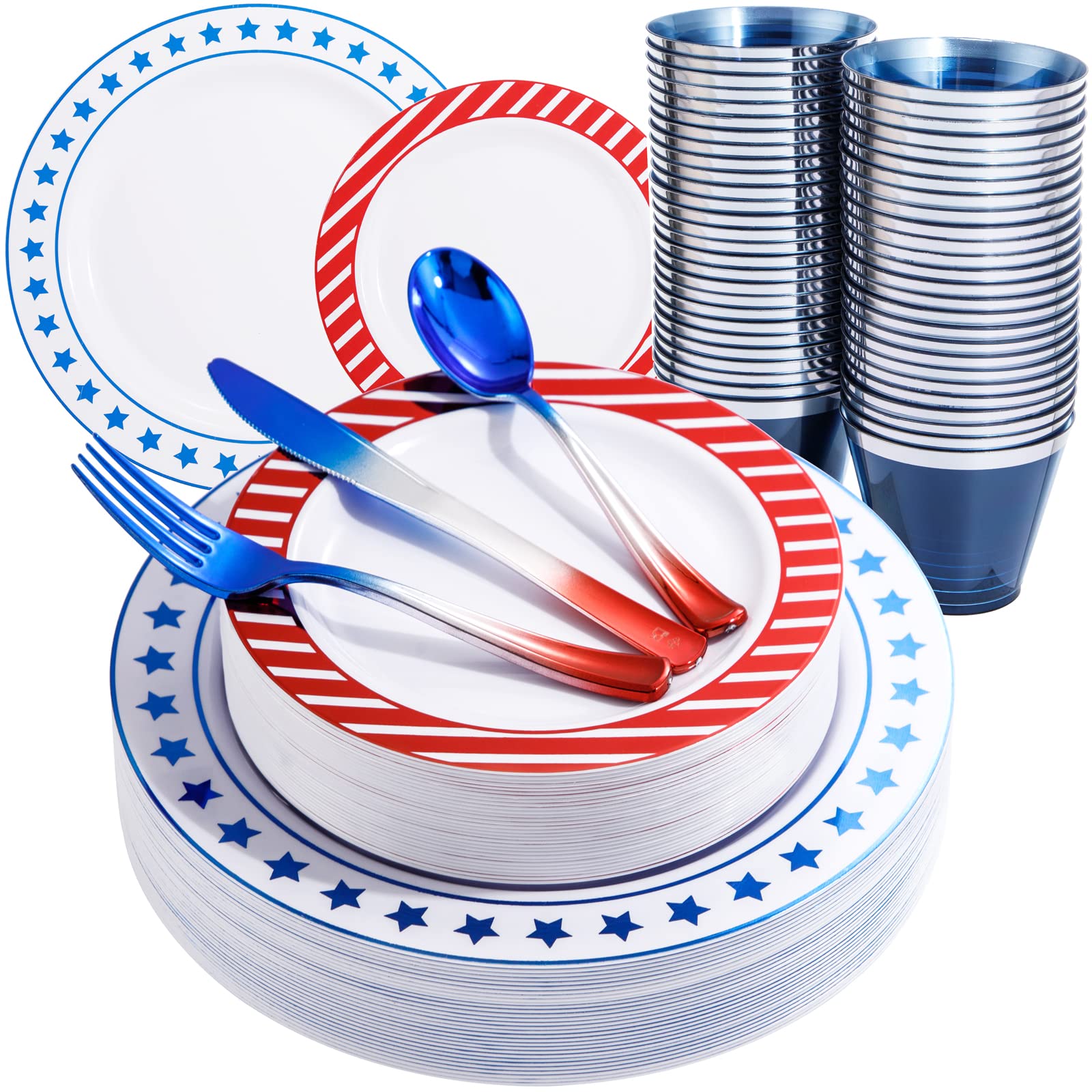 Photo 1 of (missing spoons) LIYH 180 Pcs 4th of July Plastic Plates - Red White Blue Plastic Silverware & Independence Day Plates Include Dinner Plate, Dessert Plate, Forks, Knives, Spoons, Cups,Perfect for Memorial Day