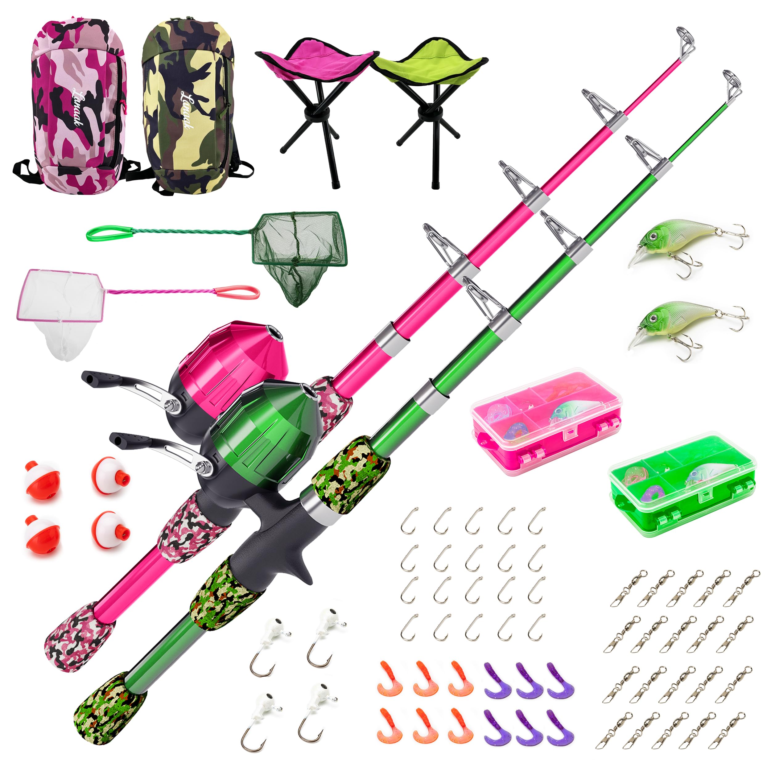 Photo 1 of Lanaak 2 Pack Kids Telescopic Fishing Pole, Kids Portable Fishing Rod Set, Tackle Box and Fishing Net Combo Kit, Kids Fishing Gear for Boys and Girls Age 5-10 and Youth – Green and Pink