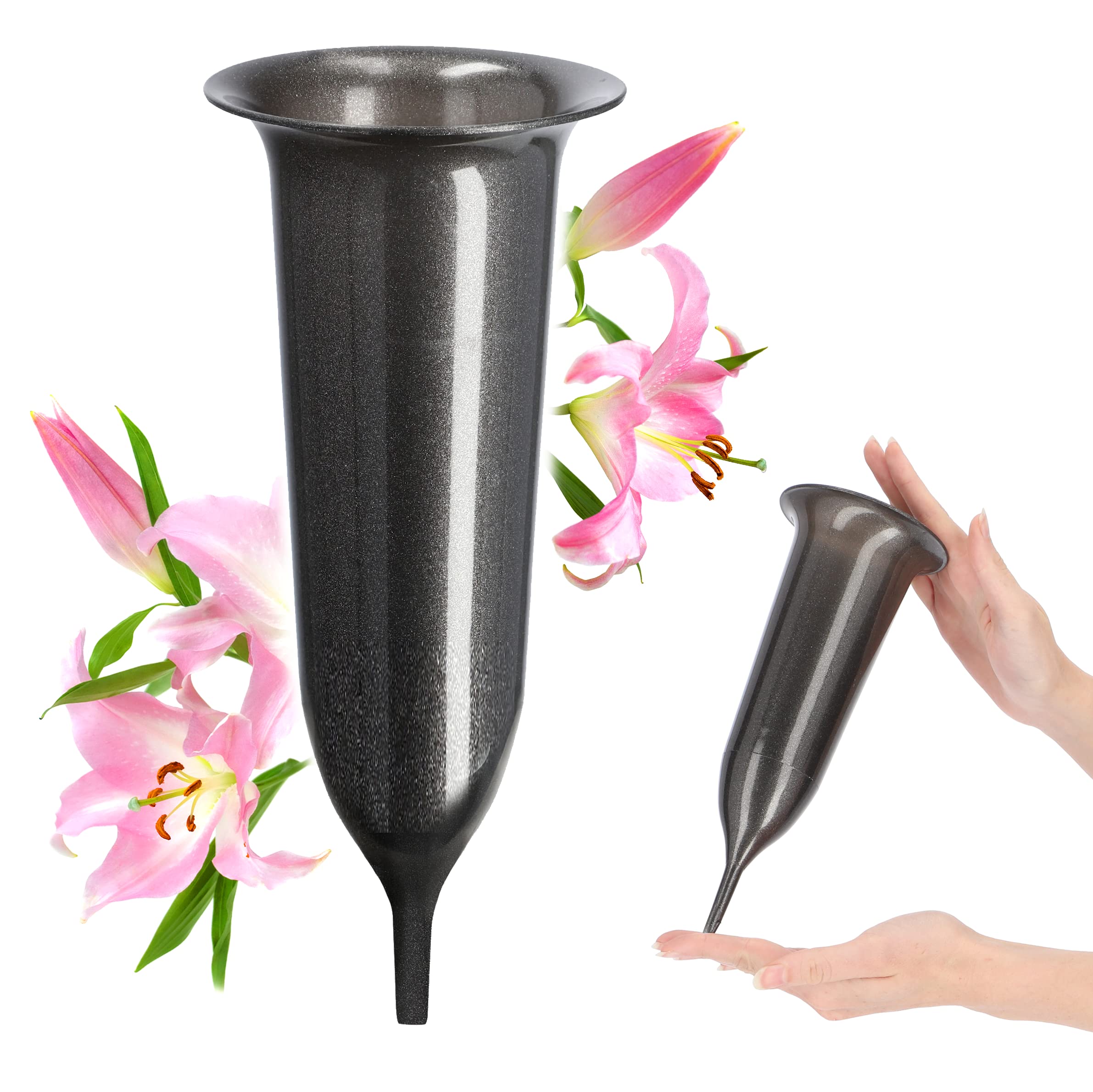 KADAX Spiked Grave Vase, Plastic Memorial Vase, Weatherproof Grave Flower Holder for Cemetery, Graveside Ornament for Artificial Flowers (23 cm, Graphite)