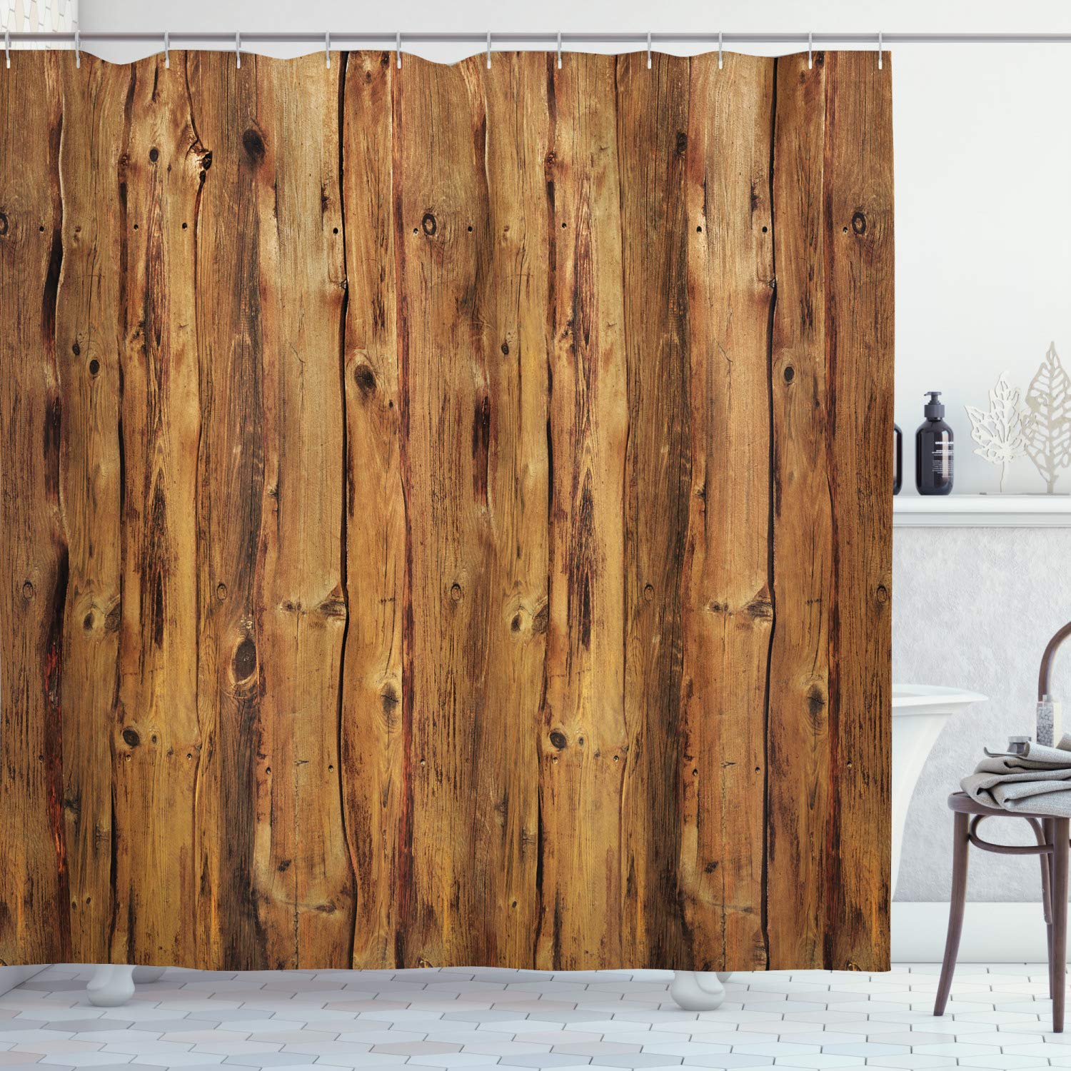 ABAKUHAUS Rustic Shower Curtain, Wooden Texture Image Nature Forest Trees Pattern with Rough Design Timber Print, Cloth Fabric Bathroom Decor Set with Hooks, 94 Inches, Brown — image 1