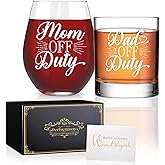 Perfectinsoy Dad Off Duty Whiskey Glasses and Mom Off Duty Red Wine Glasses Gift Set, Wine Glass Gifts for New Parents, Anniversary Birthday Gifts for Mom and Dad Couples Soul Mate Friends