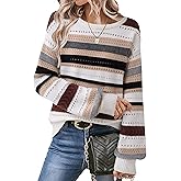 Vivilli Womens Fall Sweaters Color Block Cozy Lantern Long Sleeve Crewneck Knit Crochet Pullover Tops Trendy Clothes