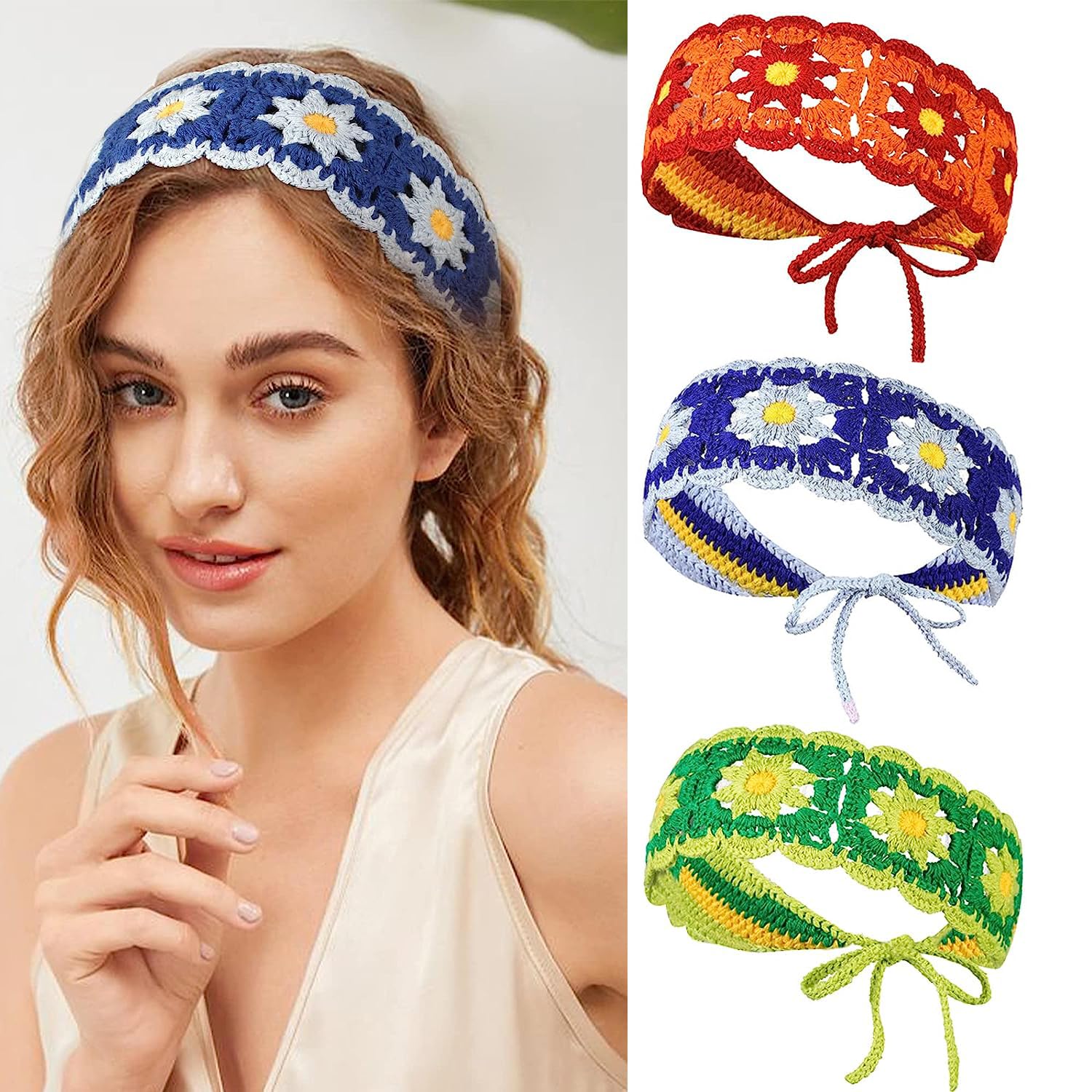 3PCS Crochet Headband Women Floral Hairband - Daisy Floral Elastic Handmade Crochet Head Wrap Bohemian knit Headband for Women and Girls, Blue+Green+Red