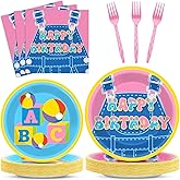 96 Pcs Girls Party Decorations Cartoon Teacher Plates and Napkins Happy Birthday Tableware Set Decor Supplies for Birthday Baby Shower Girl Cartoon Party Favors for 24 Guests