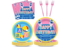 OJUSTBEOK 96 Pcs Girls Party Decorations Cartoon Teacher Plates and Napkins Happy Birthday Tableware Set Decor Supplies for Birthday Baby Shower Girl Cartoon Party Favors for 24 Guests