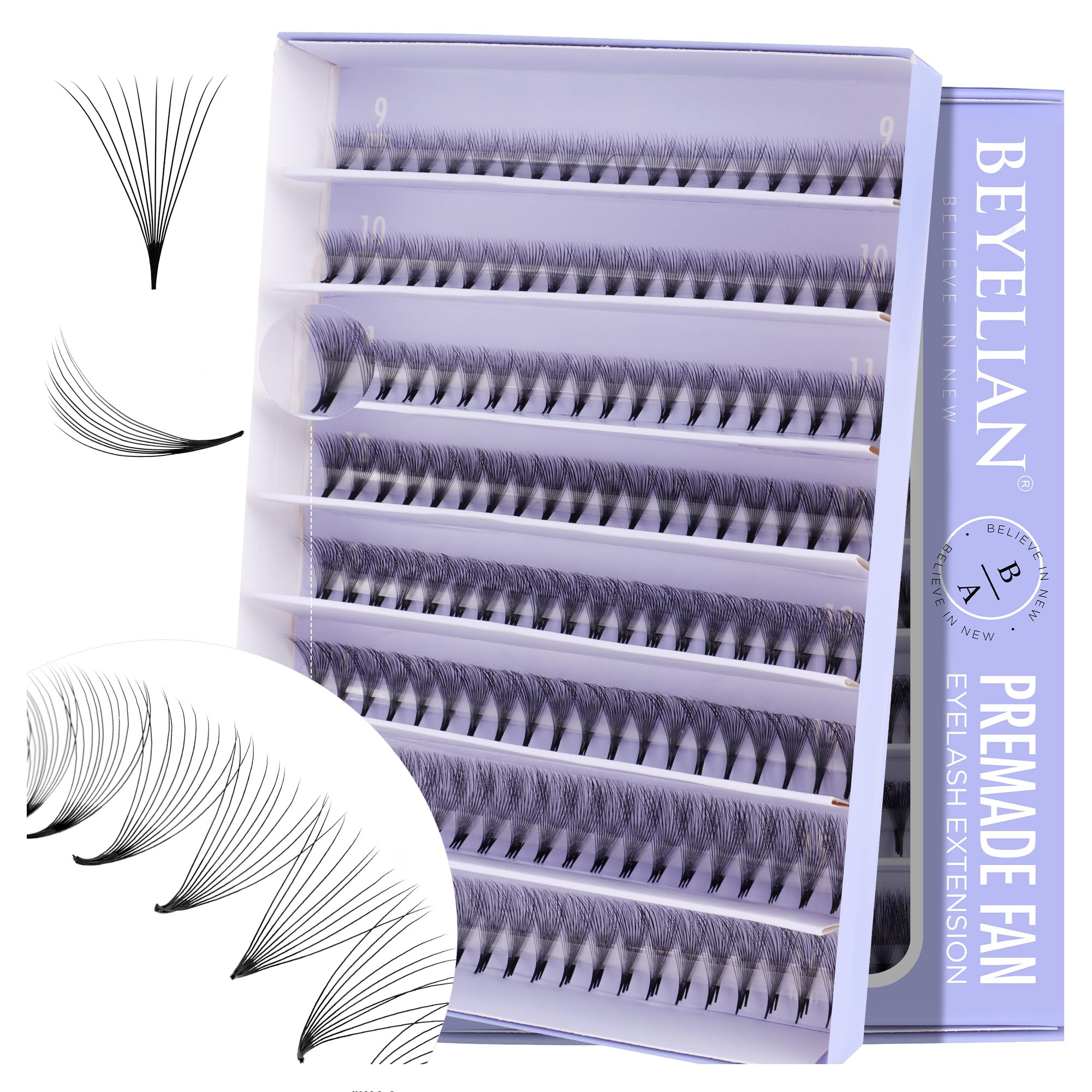 Premade Volume Eyelash Extensions BEYELIAN Mixed Tray 500 Fans 0.07mm 10D D Curl Premade Fans Eyelash Extensions Handmade Promade Loose Fans Thin Base 9-16mm — image 1