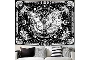 Fungarth Skeleton Butterfly Tapestry Black and White Skull Mushroom Plants Tapestries Hippie Aesthetic Tapestry Wall Hanging for Bedroom Living Room Dorm (Black, 60” x 44”)