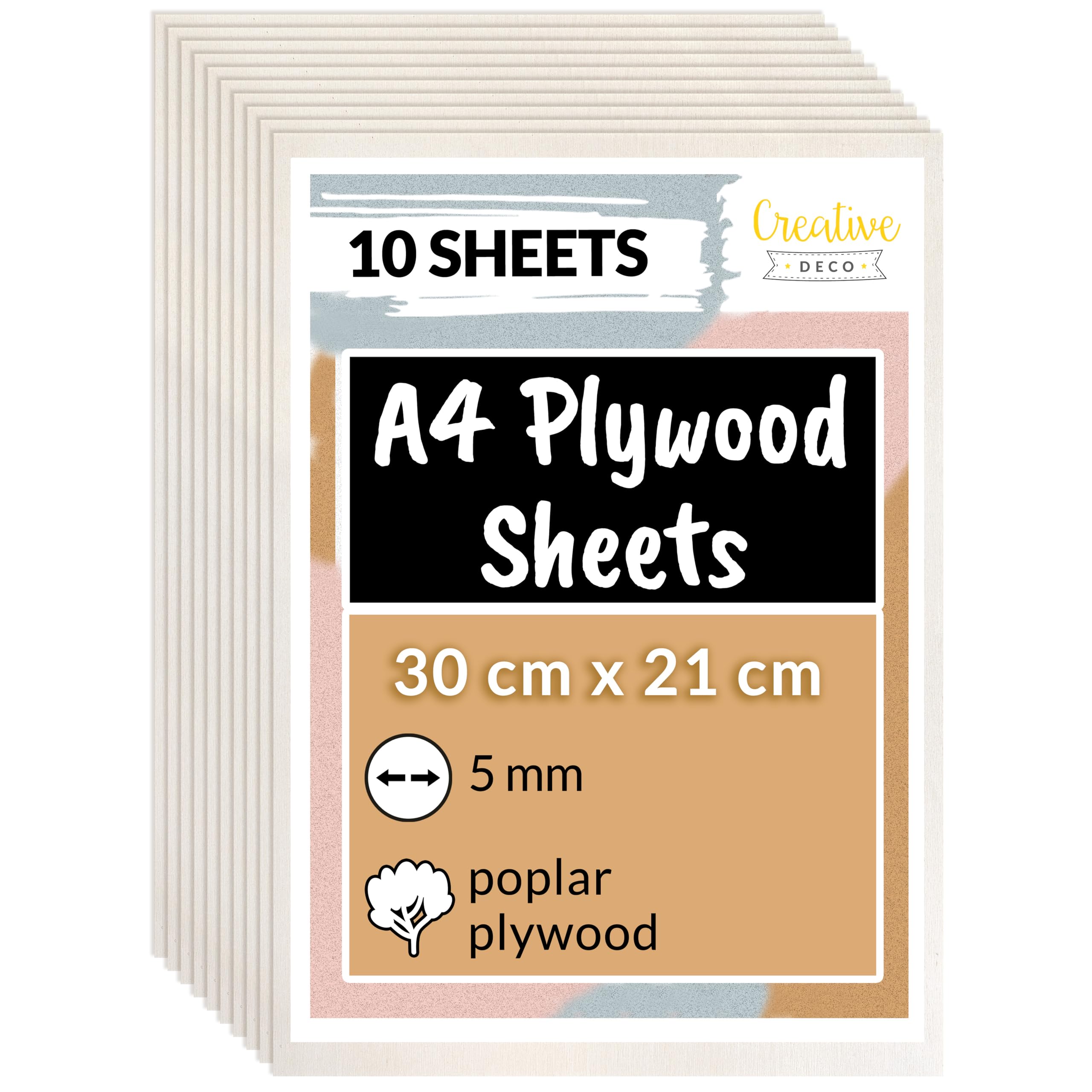 Creative Deco 10 x A4 Plywood Sheets | 300 x 210 x 5 mm (+/- 2mm) | Poplar Wood Ply | Perfect Board for Wood Board DIY Home Decor Arts Craft Painting Laser Cutting CNC Scroll Saw Stenciling Pyrography