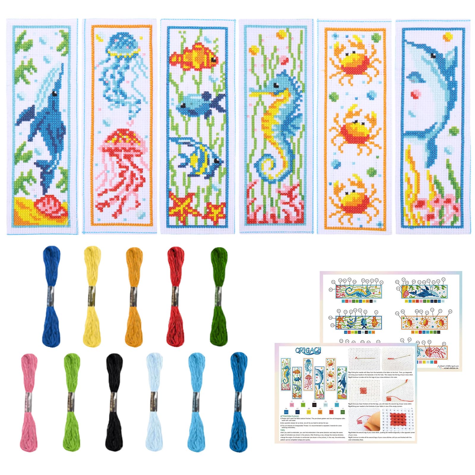ORIGACH 6 Set Marine Animals Cross Stitch Bookmark Kit for Beginner with Backing Felt Floss Instructions DIY Stamped Embroidery Bookmark Kit for Adults, Book Lovers — image 1