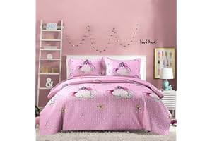 JESSY HOME Quilt Set Queen Size Girls Quilt Bedding Queen Quilt Girls Kids Quilt Bedspreads Coverlet Pink Unicorn Bedding Girls Lightweight Reversible Quilts Set Bedding Girls Pink Quilt with Pillow Shams