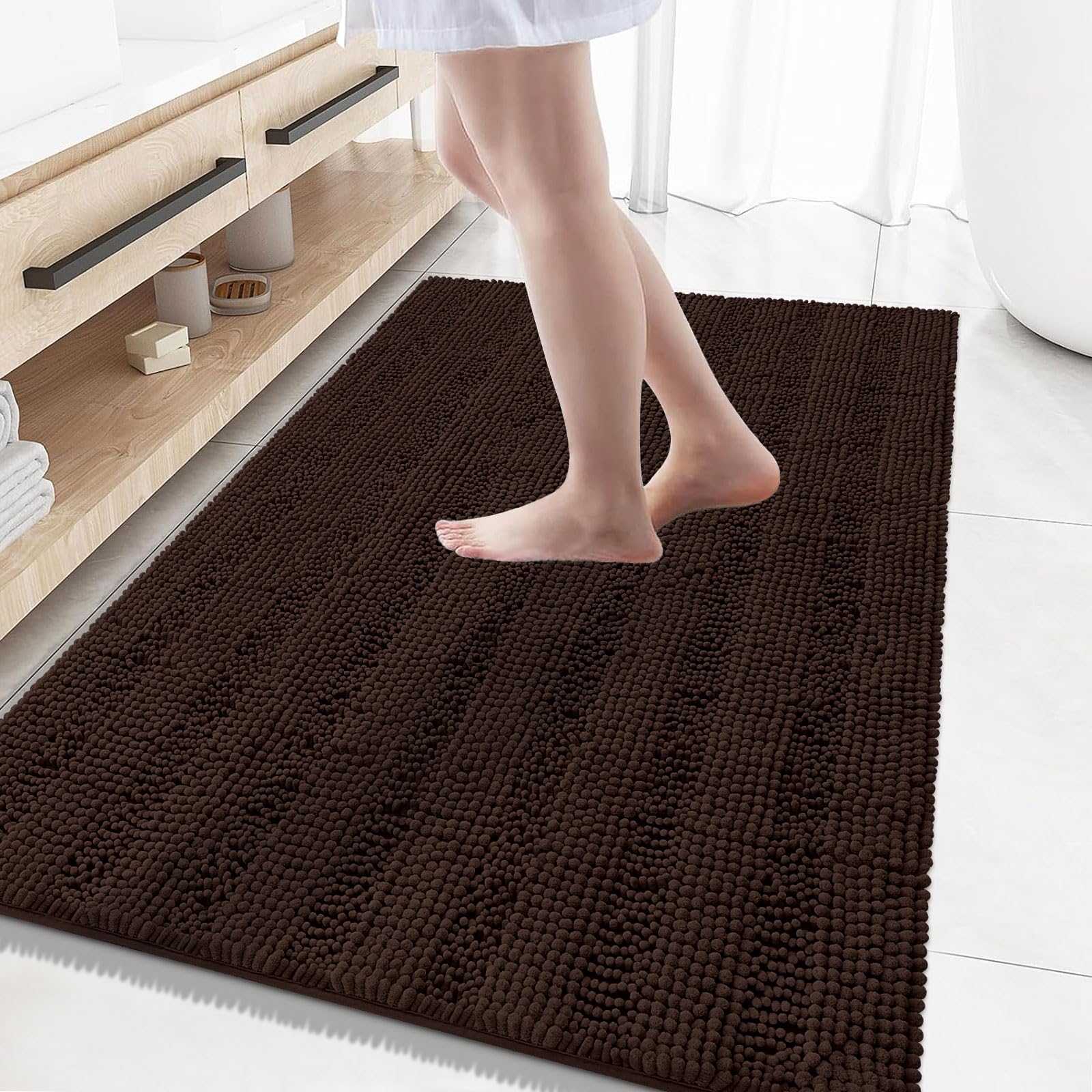 Grandaily Chenille Striped Bathroom Rugs 59x35, Extra Thick and Absorbent Bath Mats, Non-Slip Soft Plush Shaggy Shower Carpet, Machine Wash Dry, Bath Rug for Bathroom, Brown Image