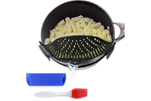 SALBREE Clip-On Kitchen Food Strainer for Spaghetti, Meat, Pasta, & Ground Beef Grease, Colander & Sieve Snaps or Clip On Bowls, Pots & Pans. Includes Silicone Strainer Drainer, Brush & Garlic Peeler (Black)