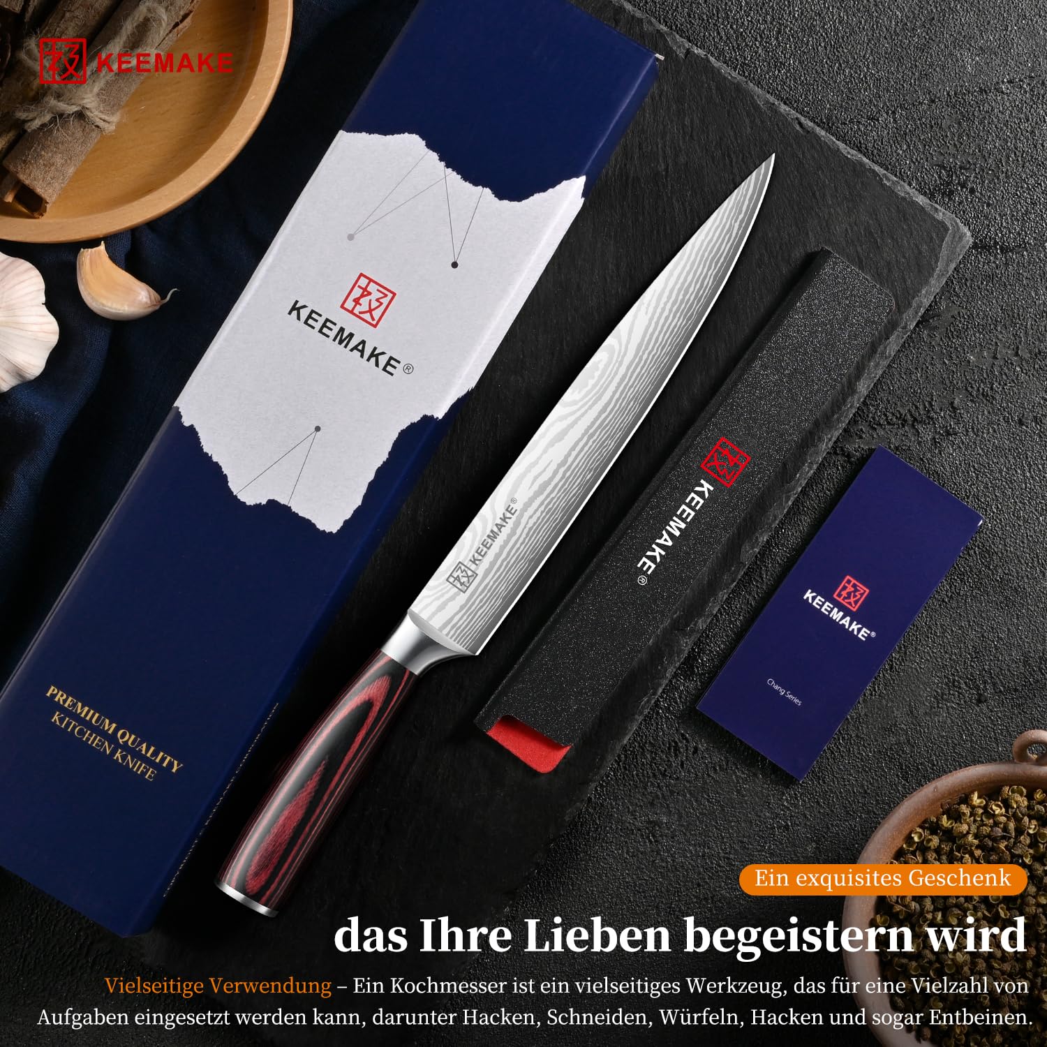 KEEMAKE Scharf Fleischmesser 20cm - Profi Kochmesser Küchenmesser aus Edel-Stahl, Tranchiermesser Schinkenmesser mit ergonomischem Pakkaholz-Griff, Allzweck Grillmesser Chef Knife, Vatertagsgeschenk 7