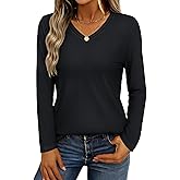 YUCOLEN Womens Long Sleeve Shirts V Neck Cotton T-Shirt Tops Solid Color Casual Breathable Basic Tee Tshirt